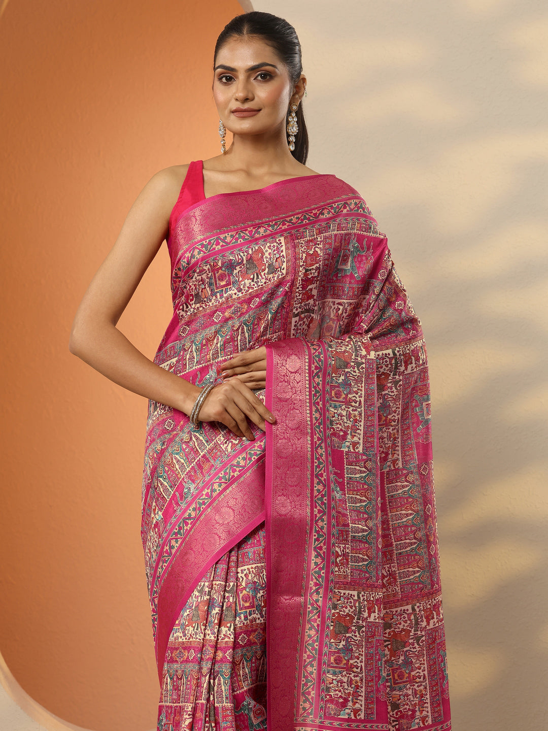  Pink Printed Silk Blend Saree With Unstitched Blouse Piece 