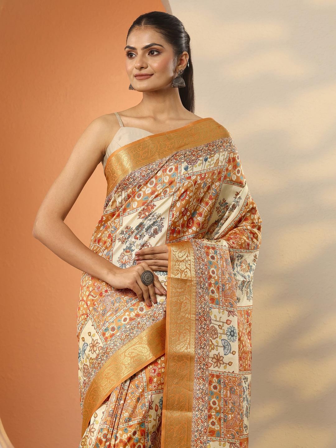 Multi Printed Silk Blend Saree With Unstitched Blouse Piece 