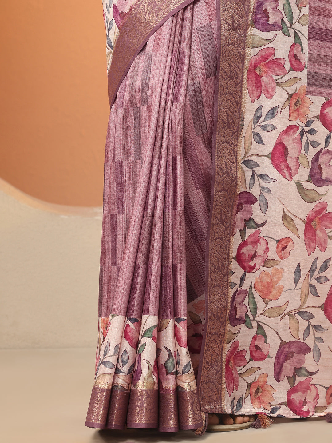 Mauve Printed Silk Blend Saree With Unstitched Blouse Piece 