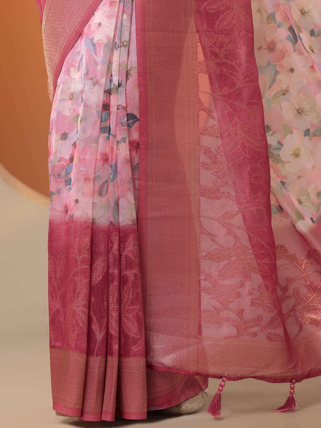  Pink Printed Organza Saree With Unstitched Blouse Piece 