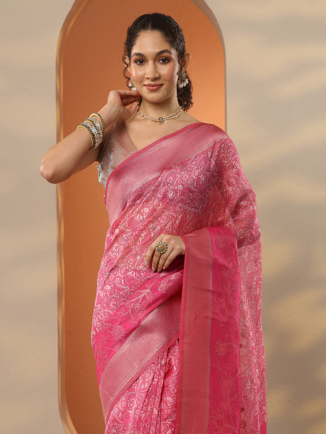  Pink Printed Organza Saree With Unstitched Blouse Piece 