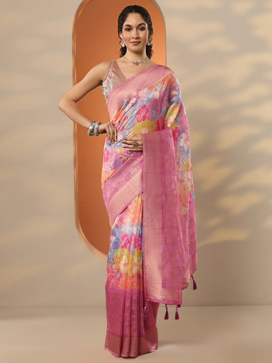  Multi Printed Organza Saree With Unstitched Blouse Piece 