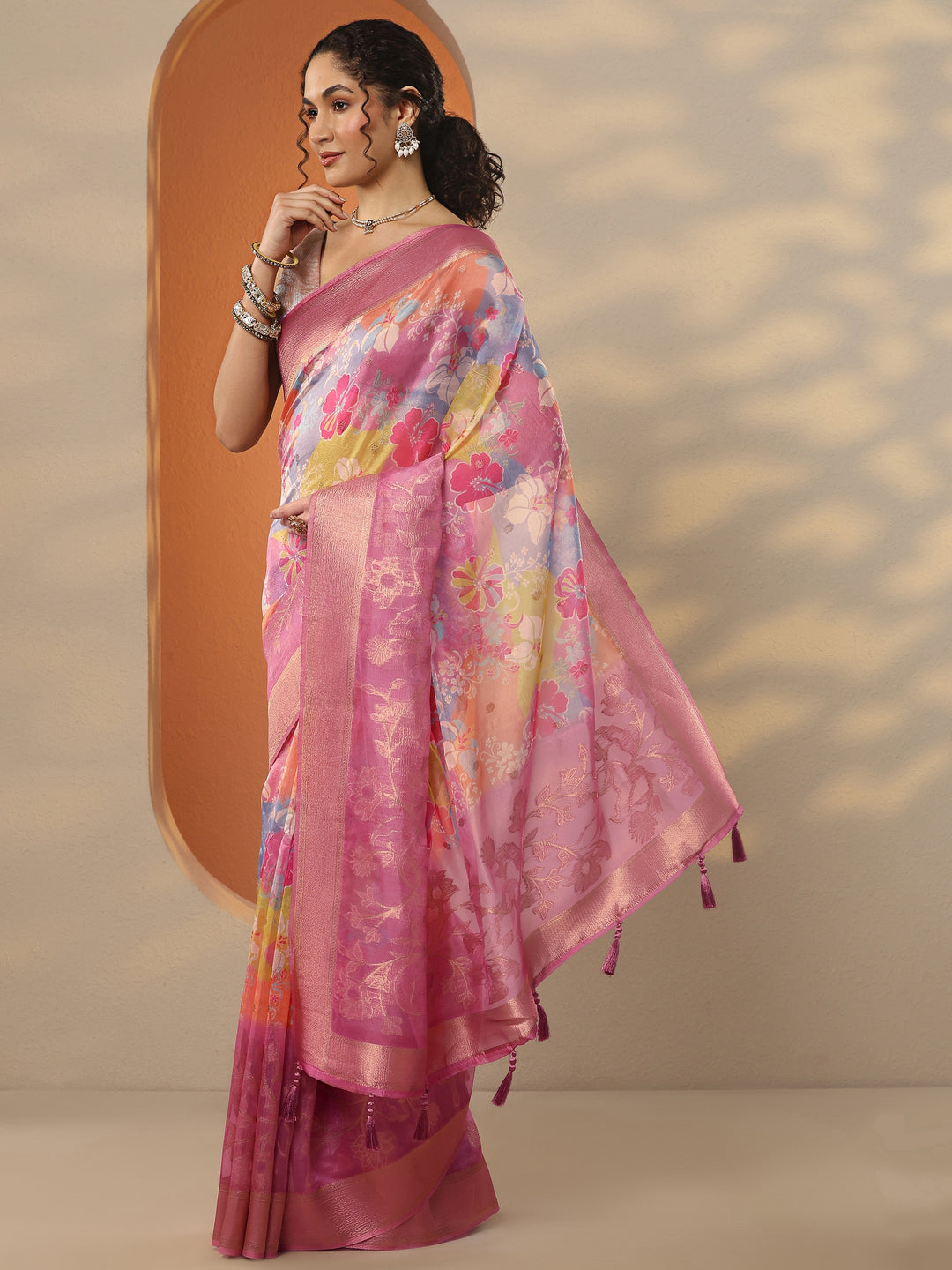  Multi Printed Organza Saree With Unstitched Blouse Piece 
