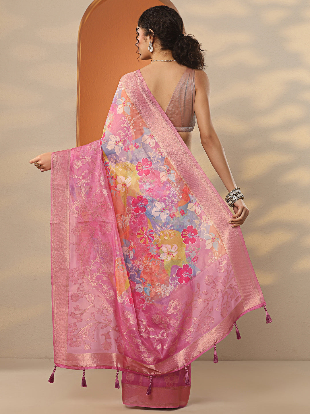  Multi Printed Organza Saree With Unstitched Blouse Piece 