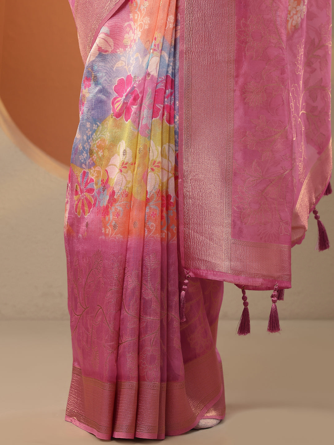  Multi Printed Organza Saree With Unstitched Blouse Piece 