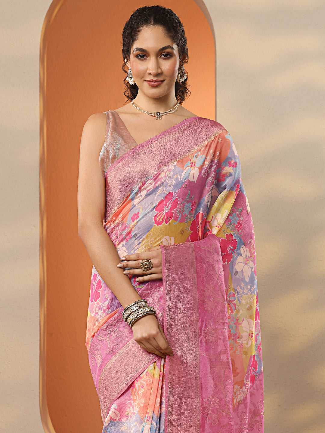  Multi Printed Organza Saree With Unstitched Blouse Piece 