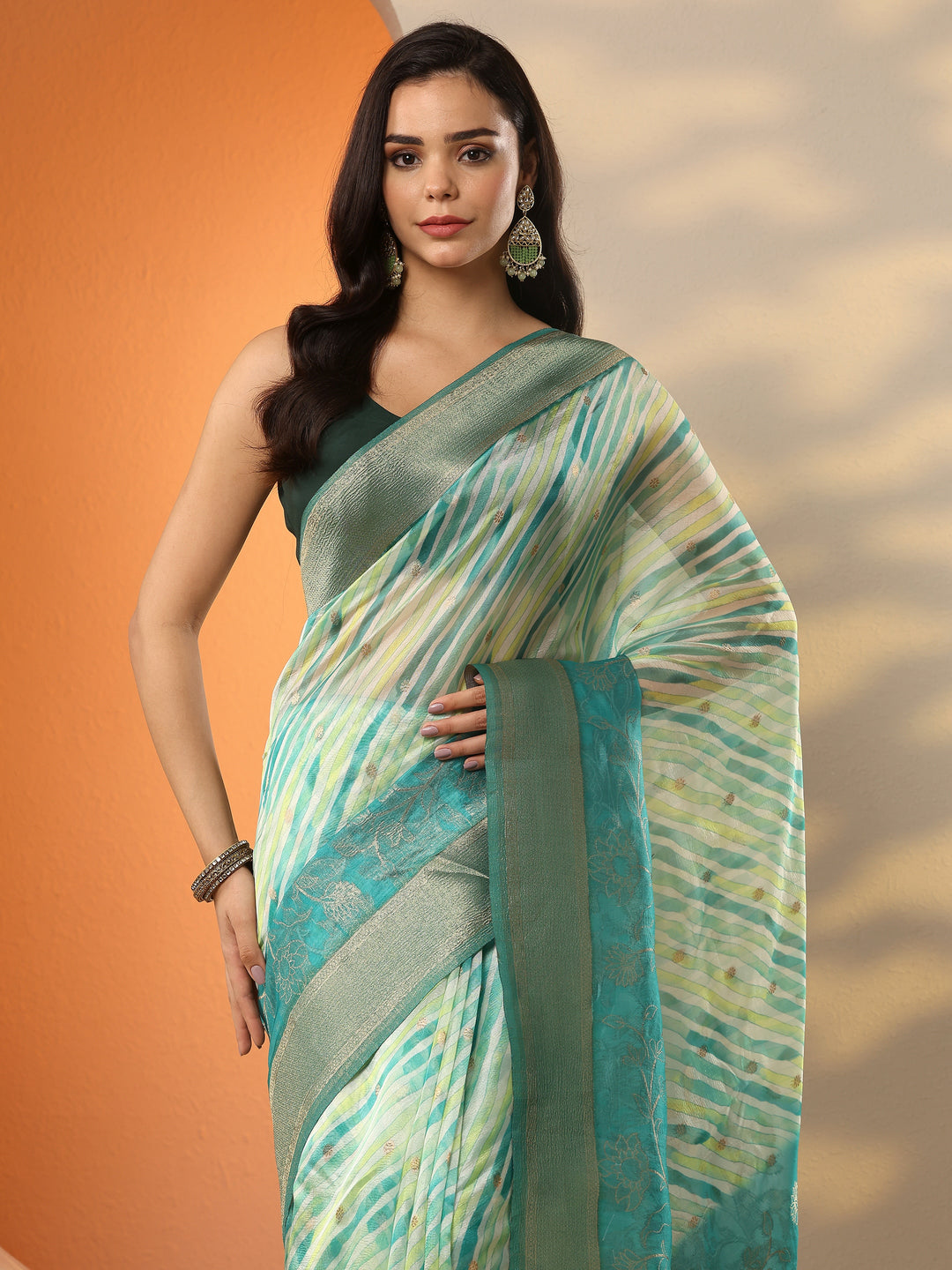  Green Leheriya Printed Organza Saree With Unstitched Blouse Piece 