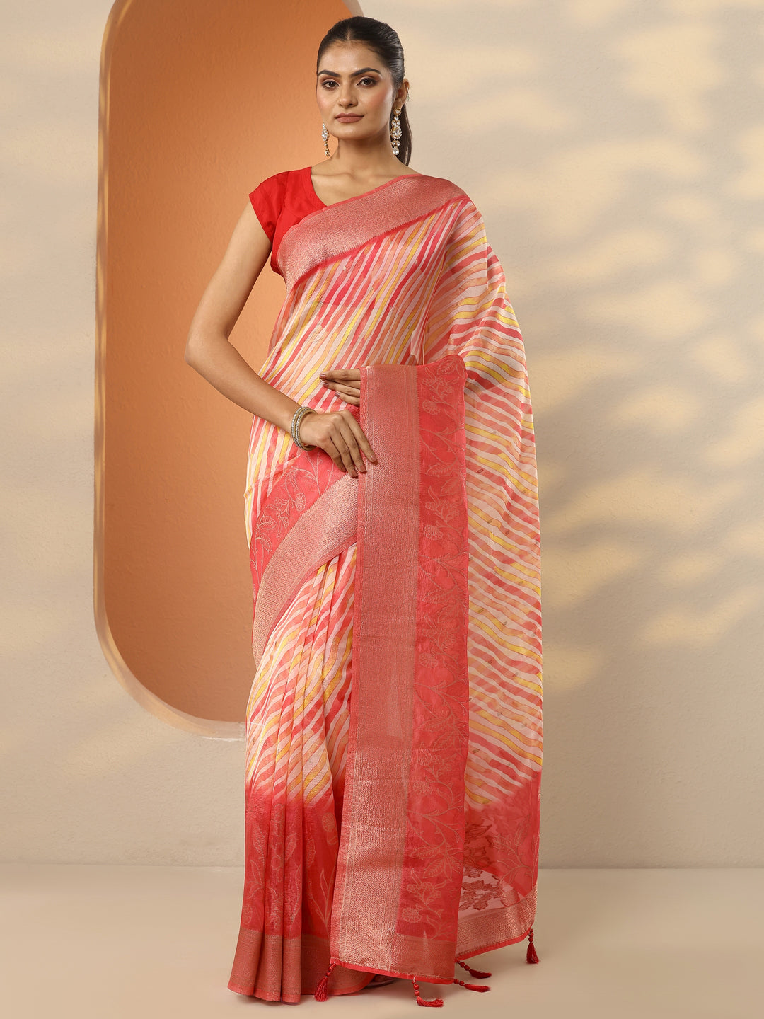 Coral Leheriya Printed Organza Saree With Unstitched Blouse Piece 
