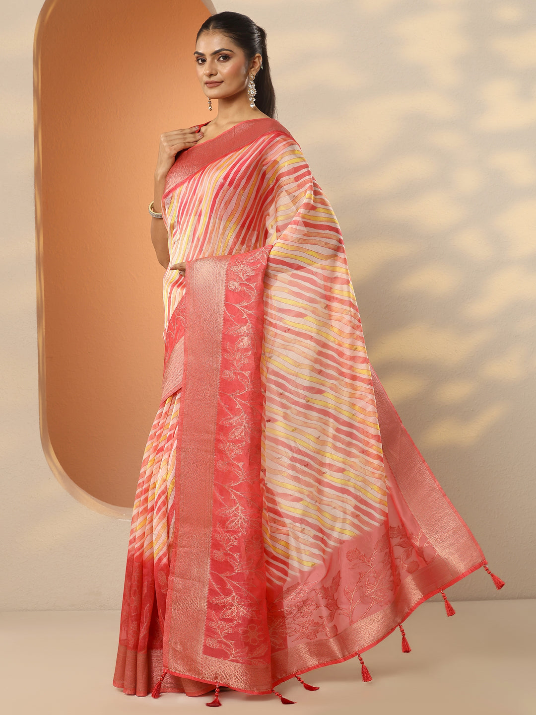  Coral Leheriya Printed Organza Saree With Unstitched Blouse Piece 