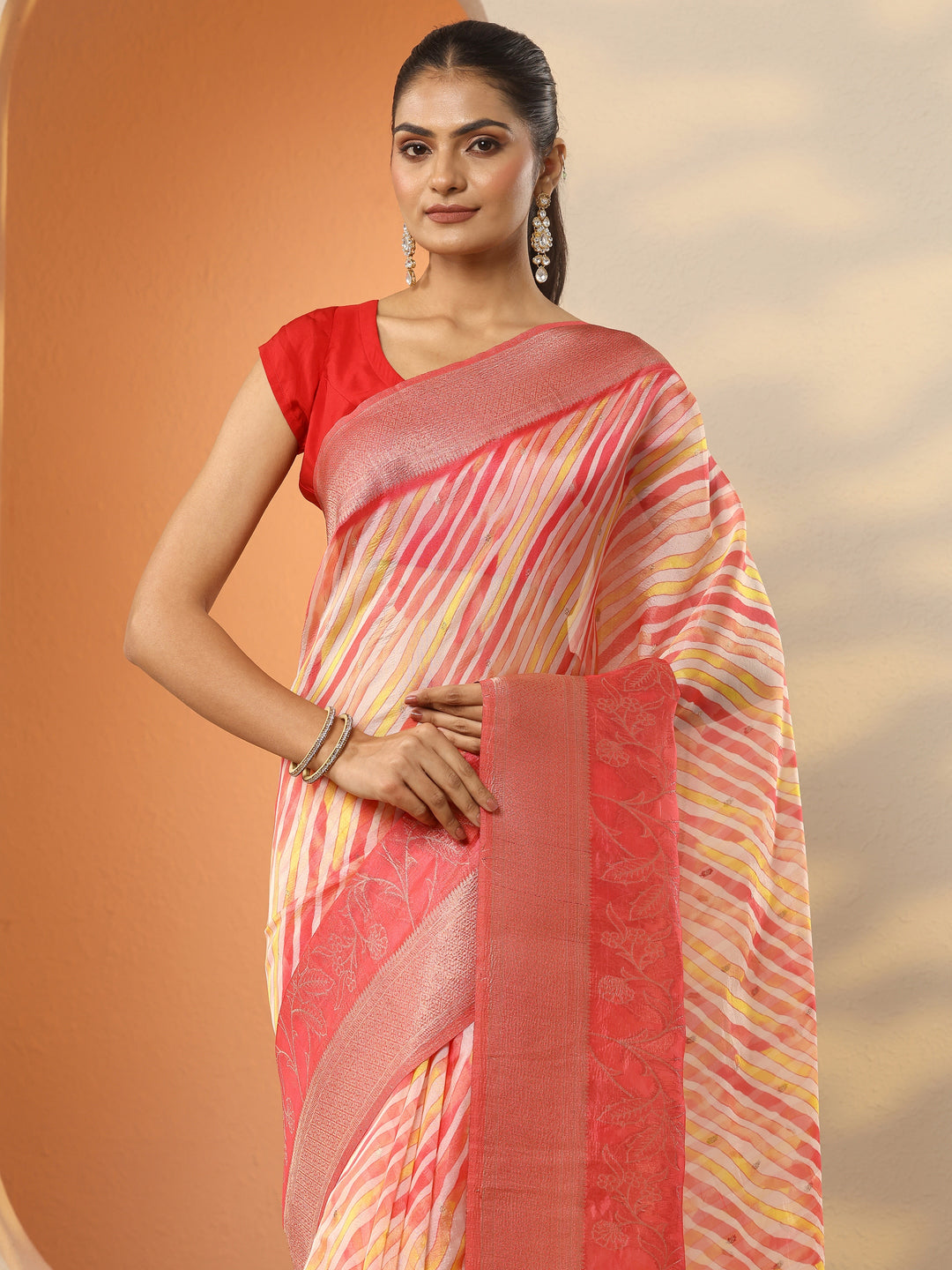  Coral Leheriya Printed Organza Saree With Unstitched Blouse Piece 
