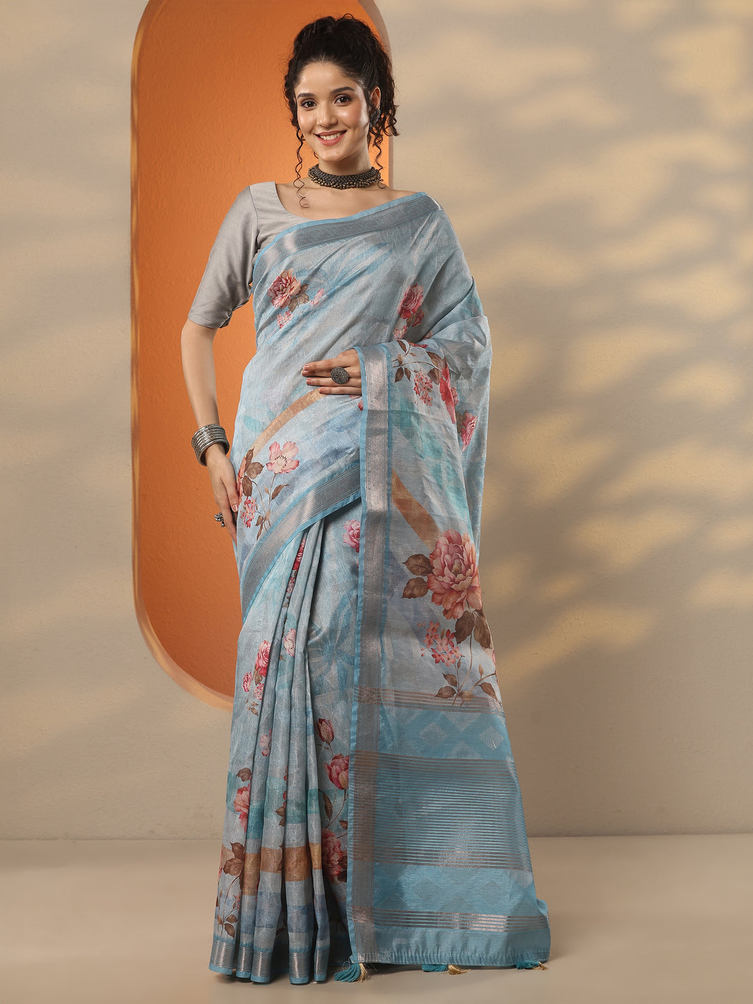  Blue Printed Silk Blend Saree With Unstitched Blouse Piece 