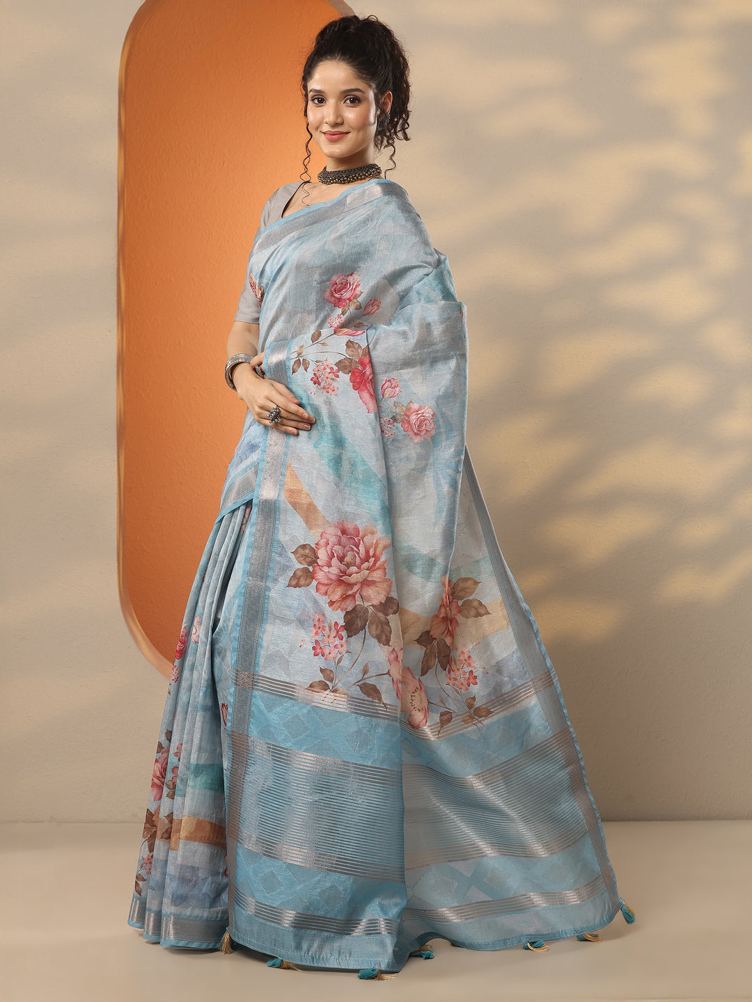  Blue Printed Silk Blend Saree With Unstitched Blouse Piece 