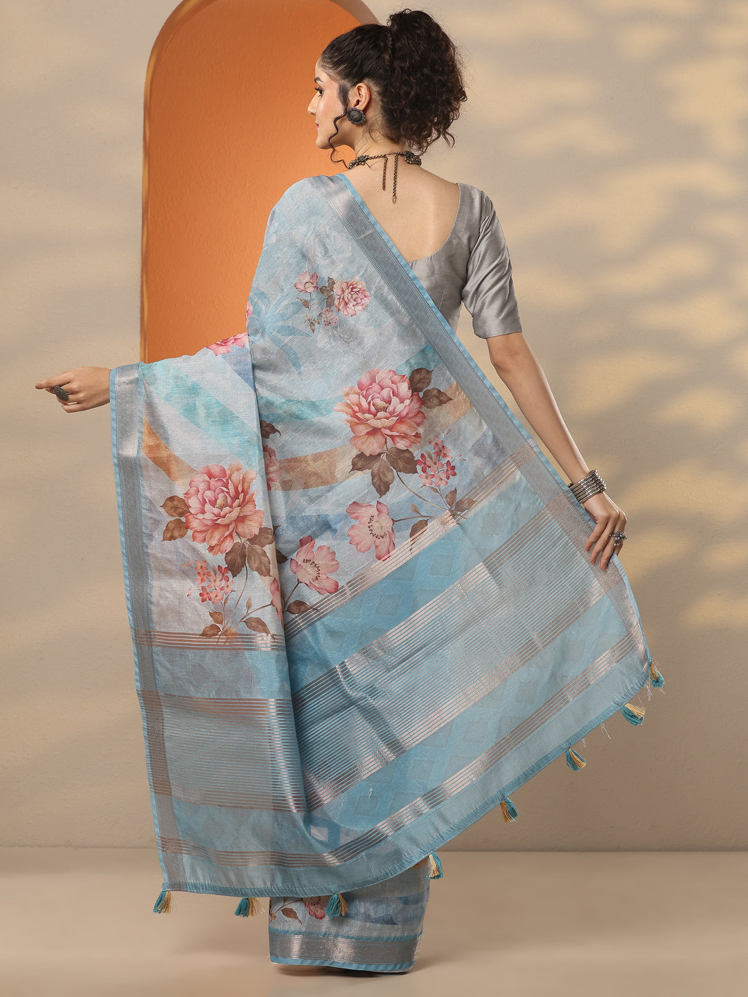  Blue Printed Silk Blend Saree With Unstitched Blouse Piece 