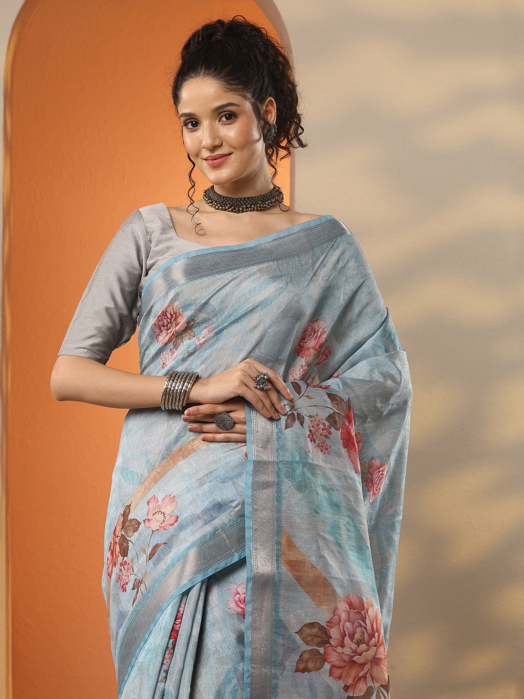  Blue Printed Silk Blend Saree With Unstitched Blouse Piece 