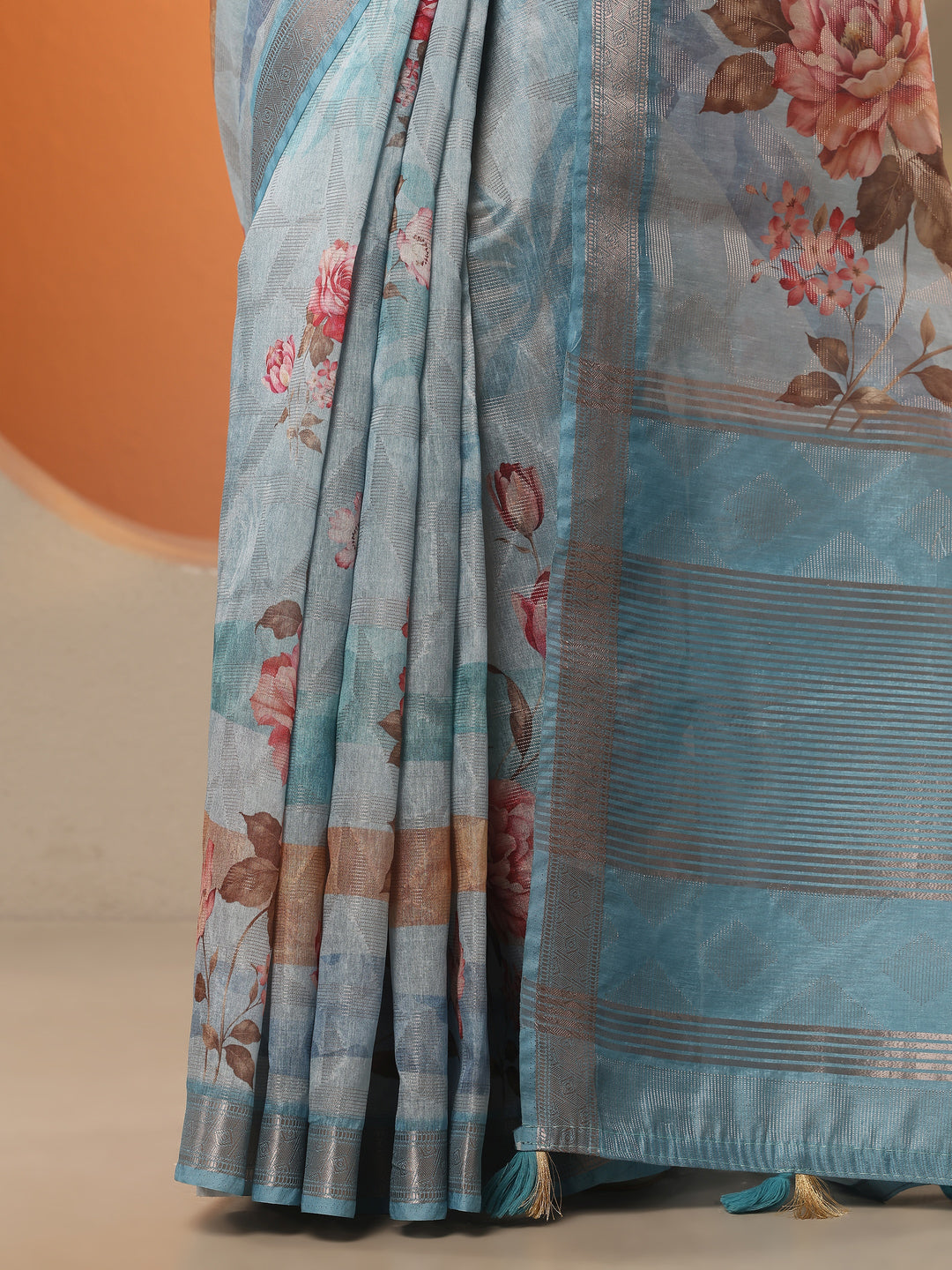  Blue Printed Silk Blend Saree With Unstitched Blouse Piece 