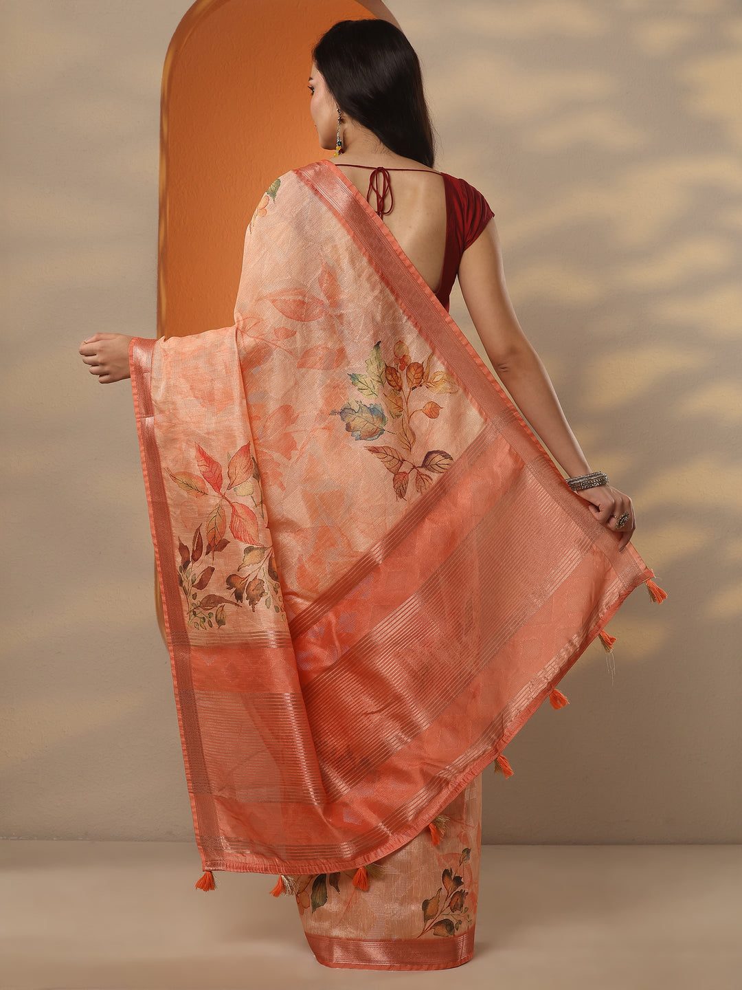  Orange Printed Silk Blend Saree With Unstitched Blouse Piece 