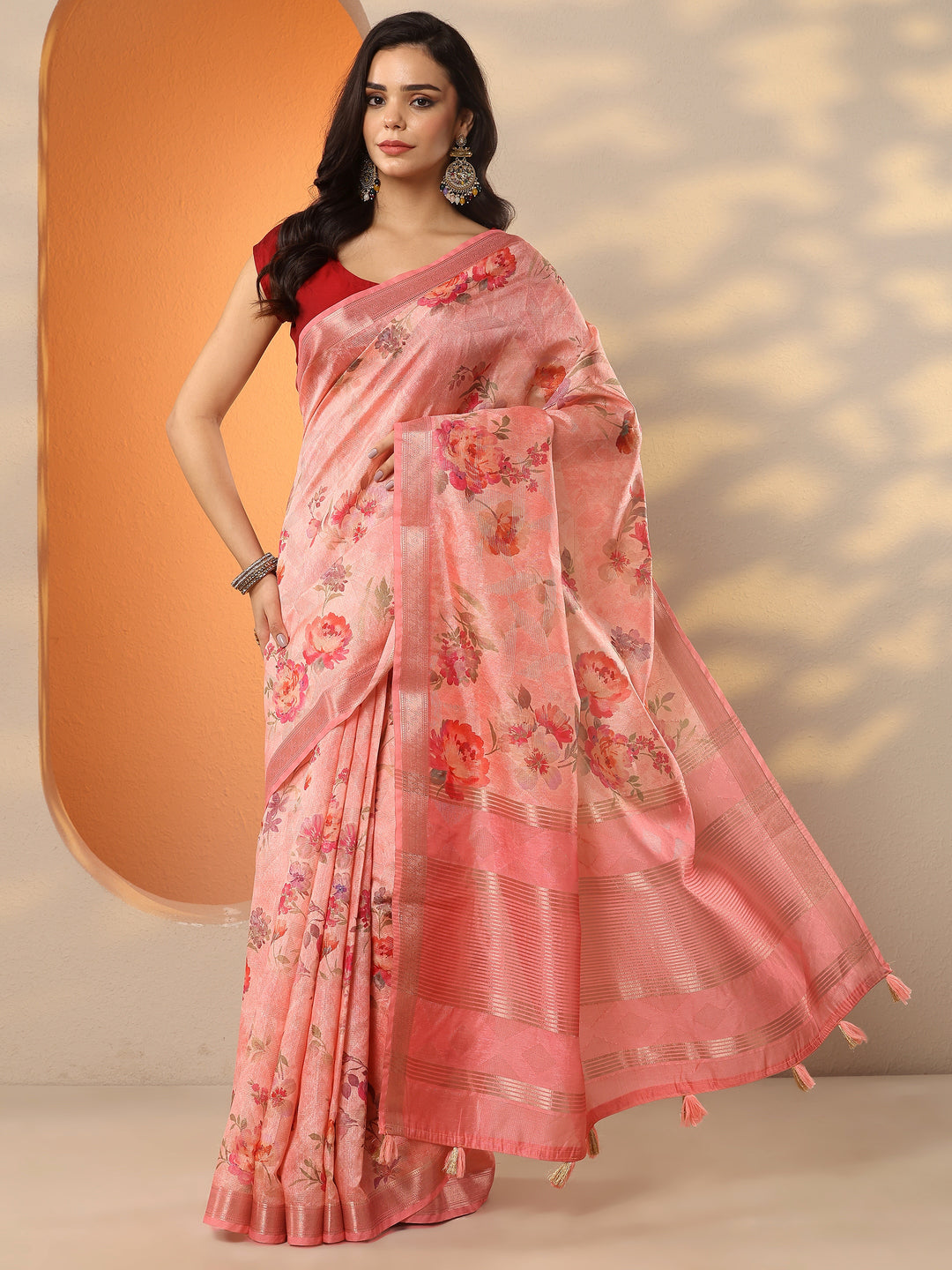  Coral Printed Silk Blend Saree With Unstitched Blouse Piece 