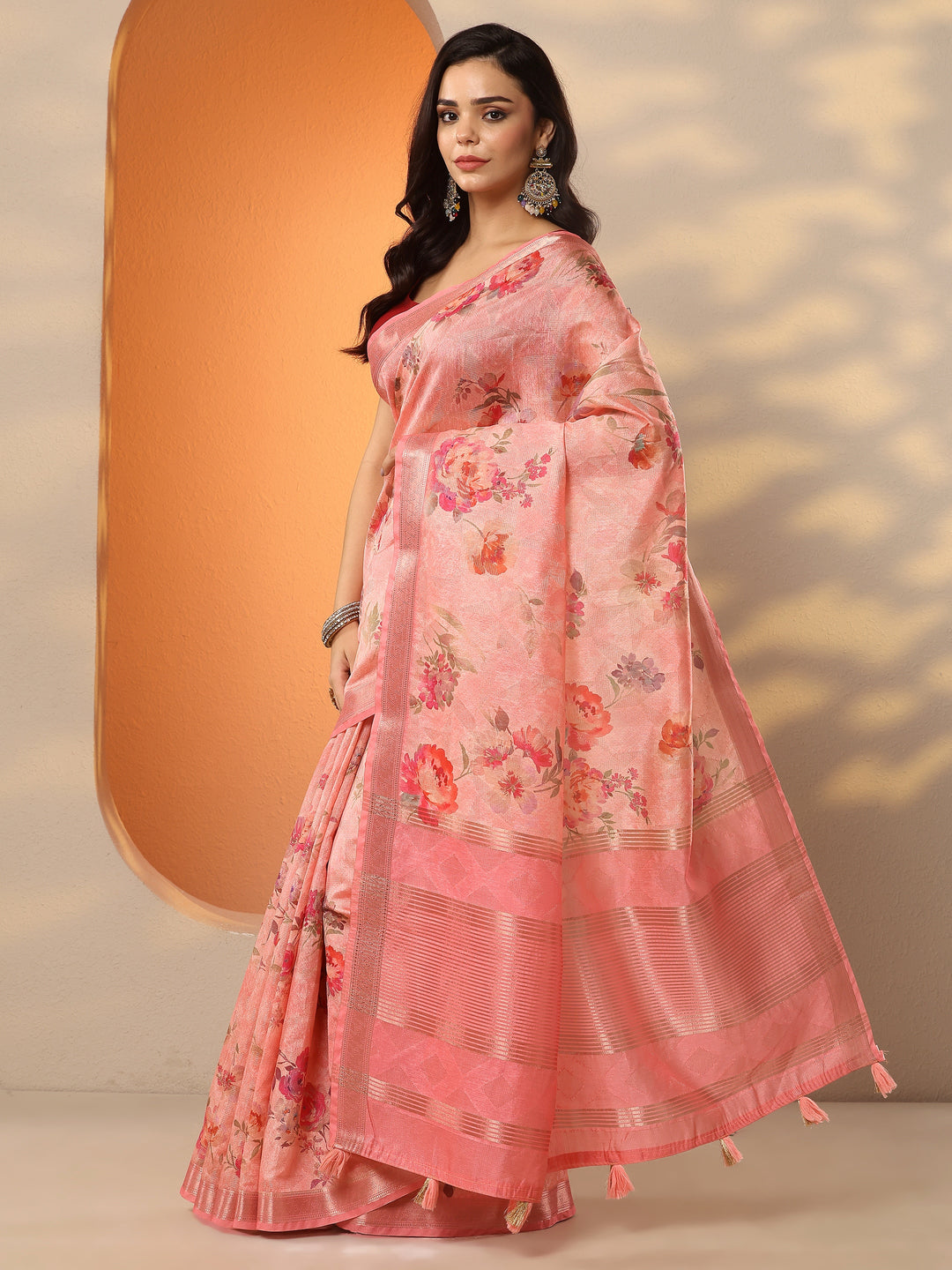  Coral Printed Silk Blend Saree With Unstitched Blouse Piece 