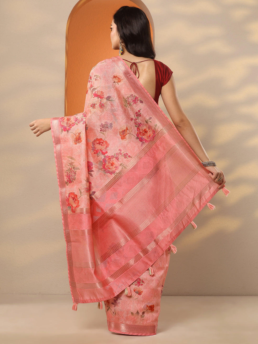  Coral Printed Silk Blend Saree With Unstitched Blouse Piece 