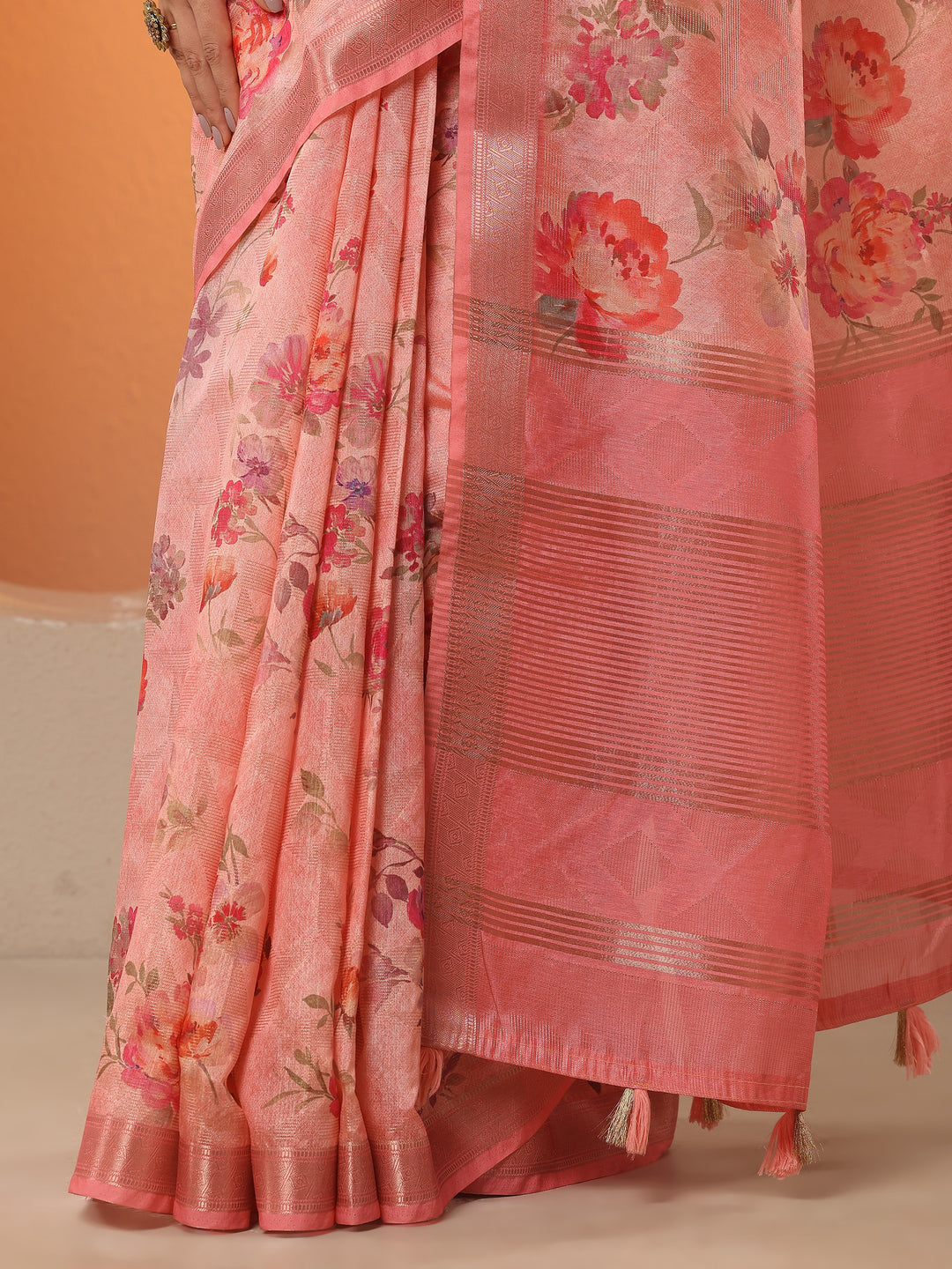  Coral Printed Silk Blend Saree With Unstitched Blouse Piece 