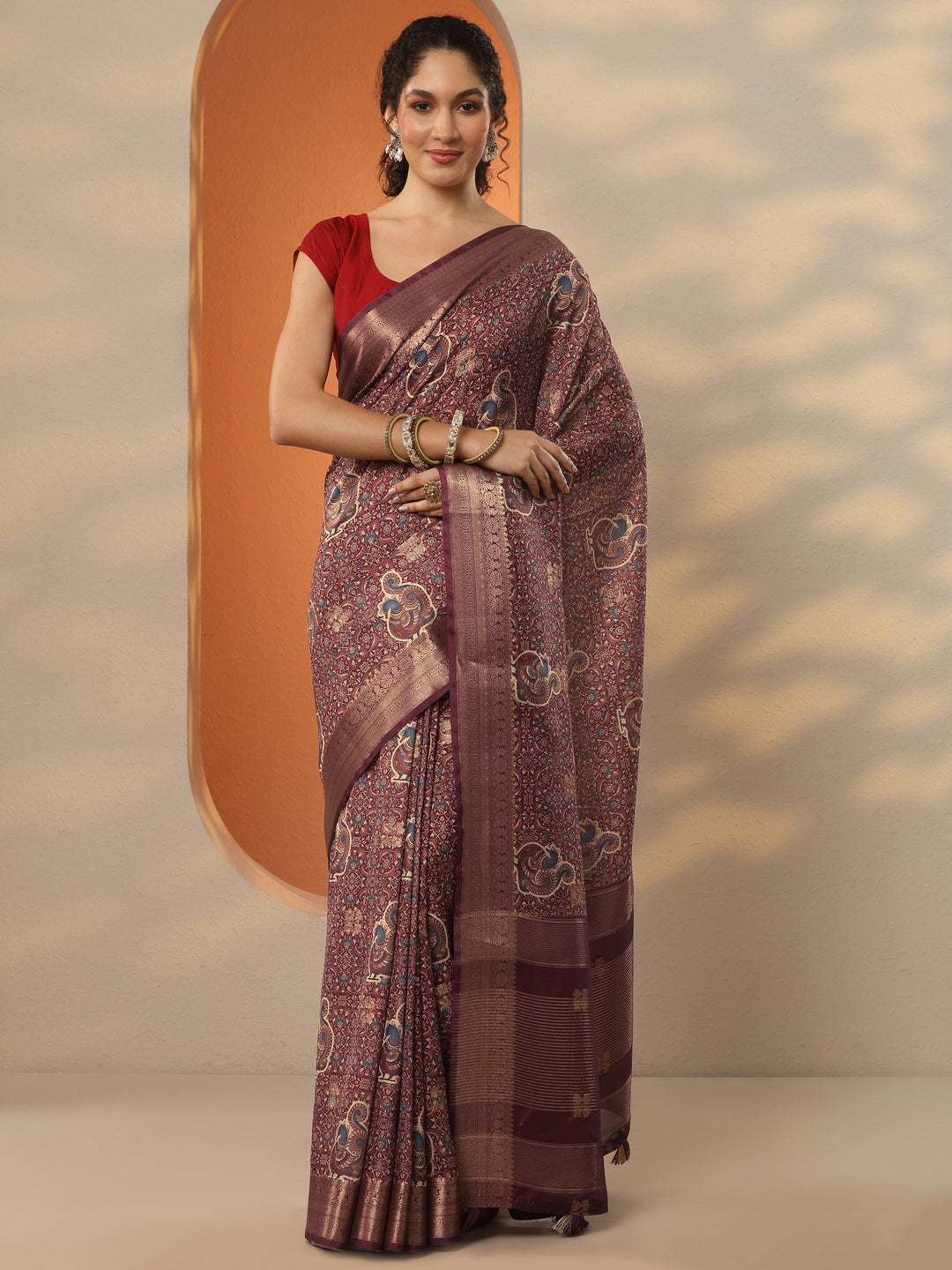  Burgundy Printed Silk Blend Saree With Unstitched Blouse Piece 