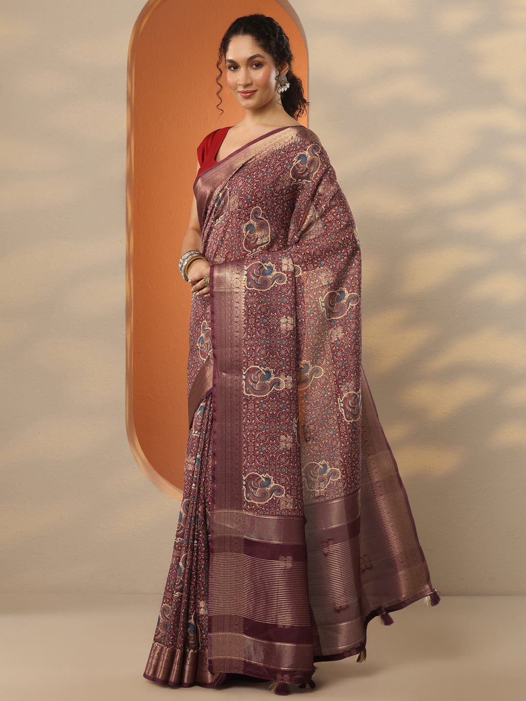  Burgundy Printed Silk Blend Saree With Unstitched Blouse Piece 