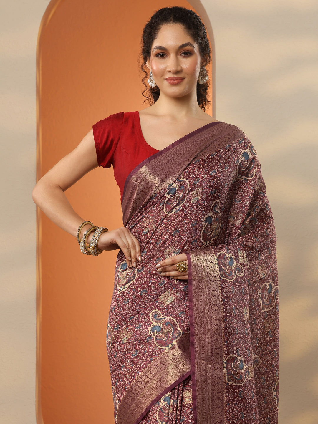  Burgundy Printed Silk Blend Saree With Unstitched Blouse Piece 