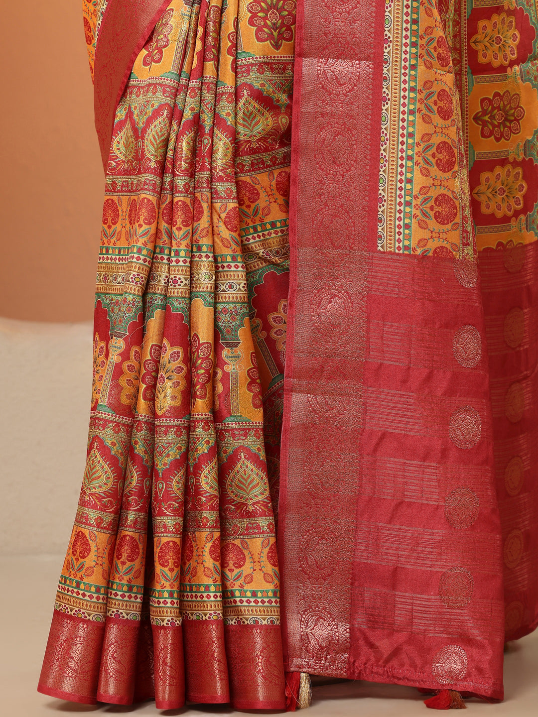  Multi Printed Silk Blend Saree With Unstitched Blouse Piece 