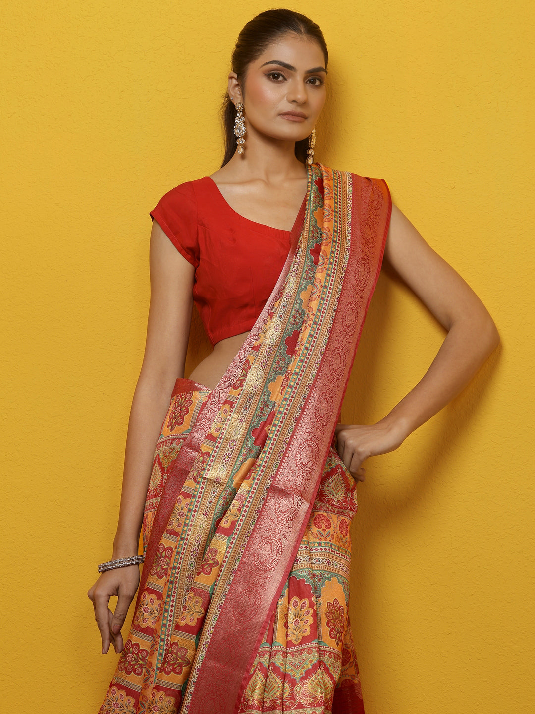  Multi Printed Silk Blend Saree With Unstitched Blouse Piece 