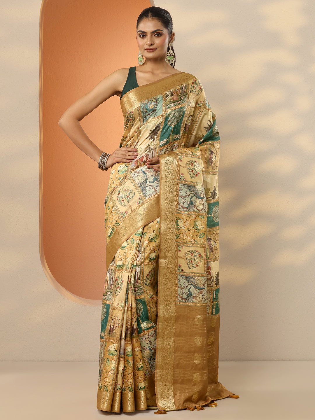  Beige Printed Silk Blend Saree With Unstitched Blouse Piece 
