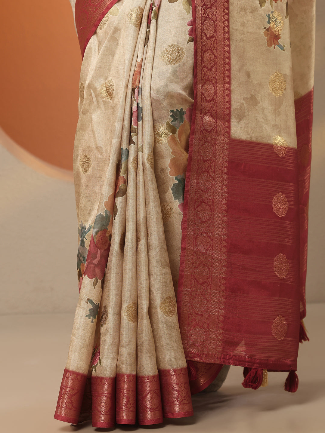  Beige Printed Silk Blend Saree With Unstitched Blouse Piece 