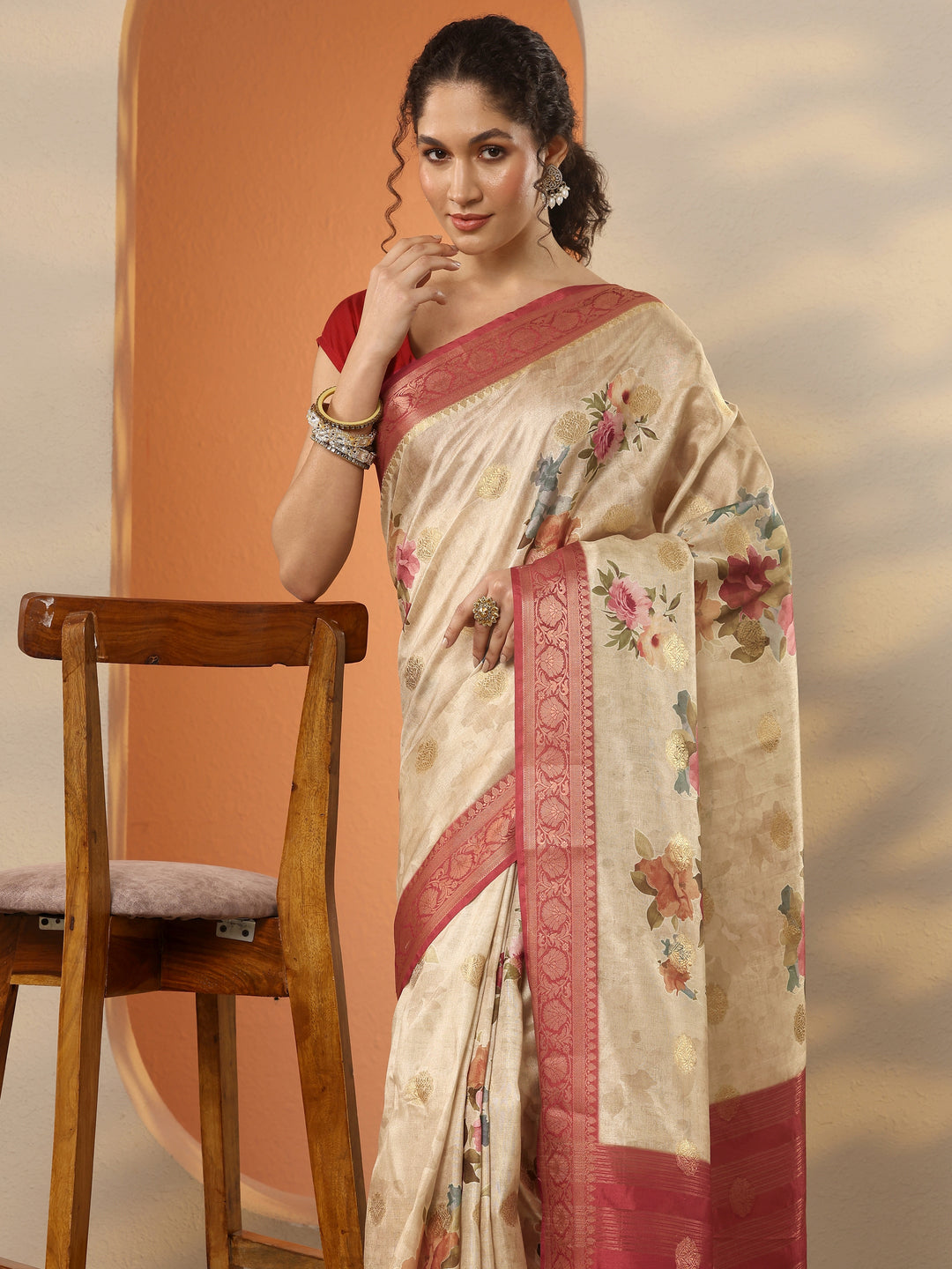  Beige Printed Silk Blend Saree With Unstitched Blouse Piece 