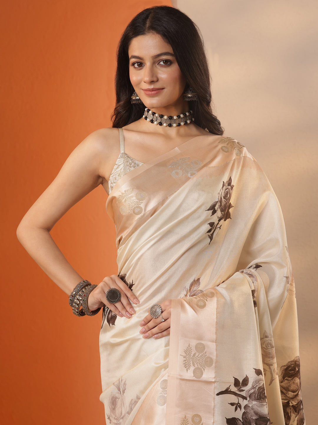 Cream Printed Silk Blend Saree With Unstitched Blouse Piece 