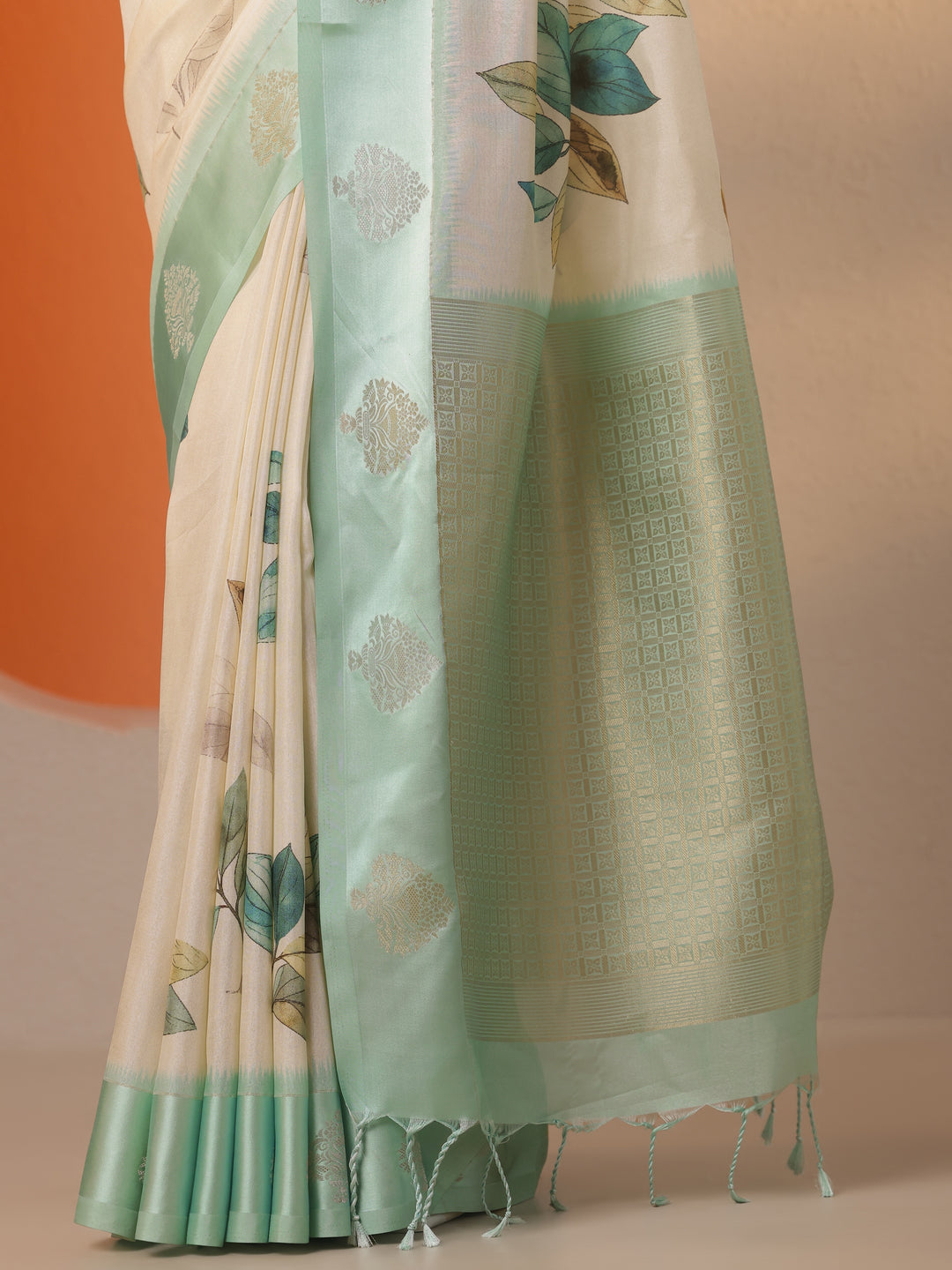  Cream Printed Silk Blend Saree With Unstitched Blouse Piece 