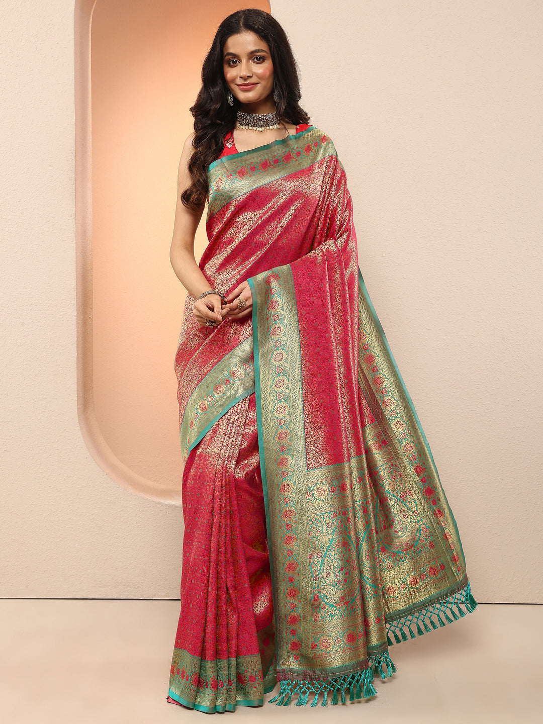  Red Woven Design Silk Blend Saree With Unstitched Blouse Piece 