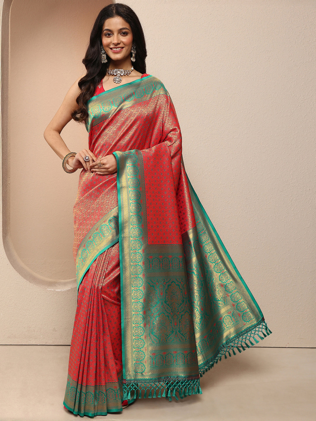  Red Woven Design Silk Blend Saree With Unstitched Blouse Piece 