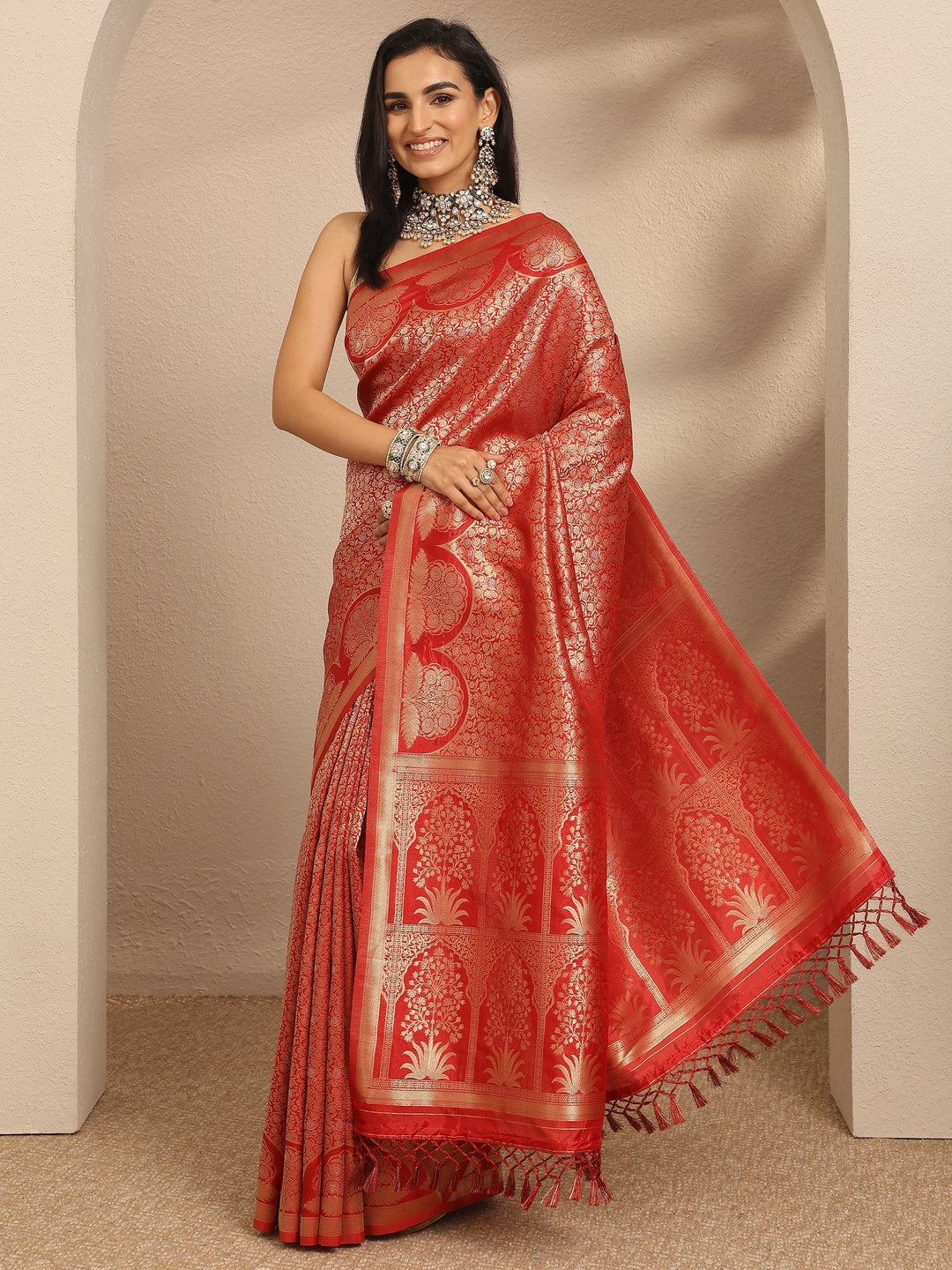  Red Woven Design Silk Blend Saree With Unstitched Blouse Piece 