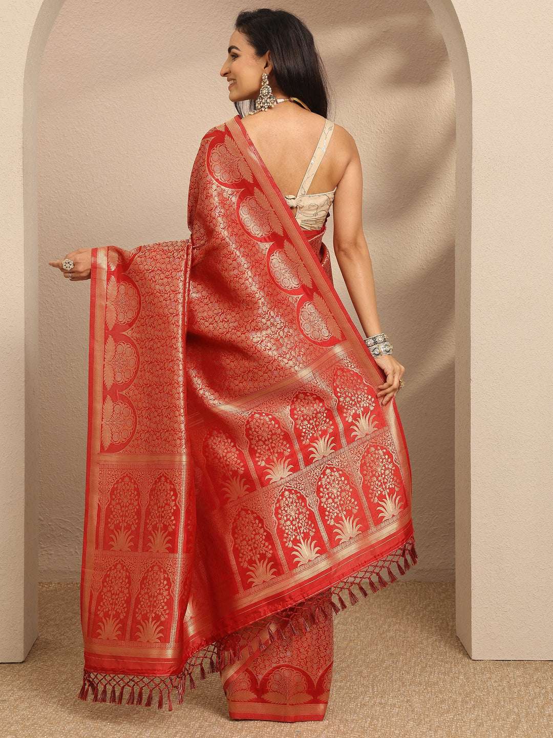  Red Woven Design Silk Blend Saree With Unstitched Blouse Piece 