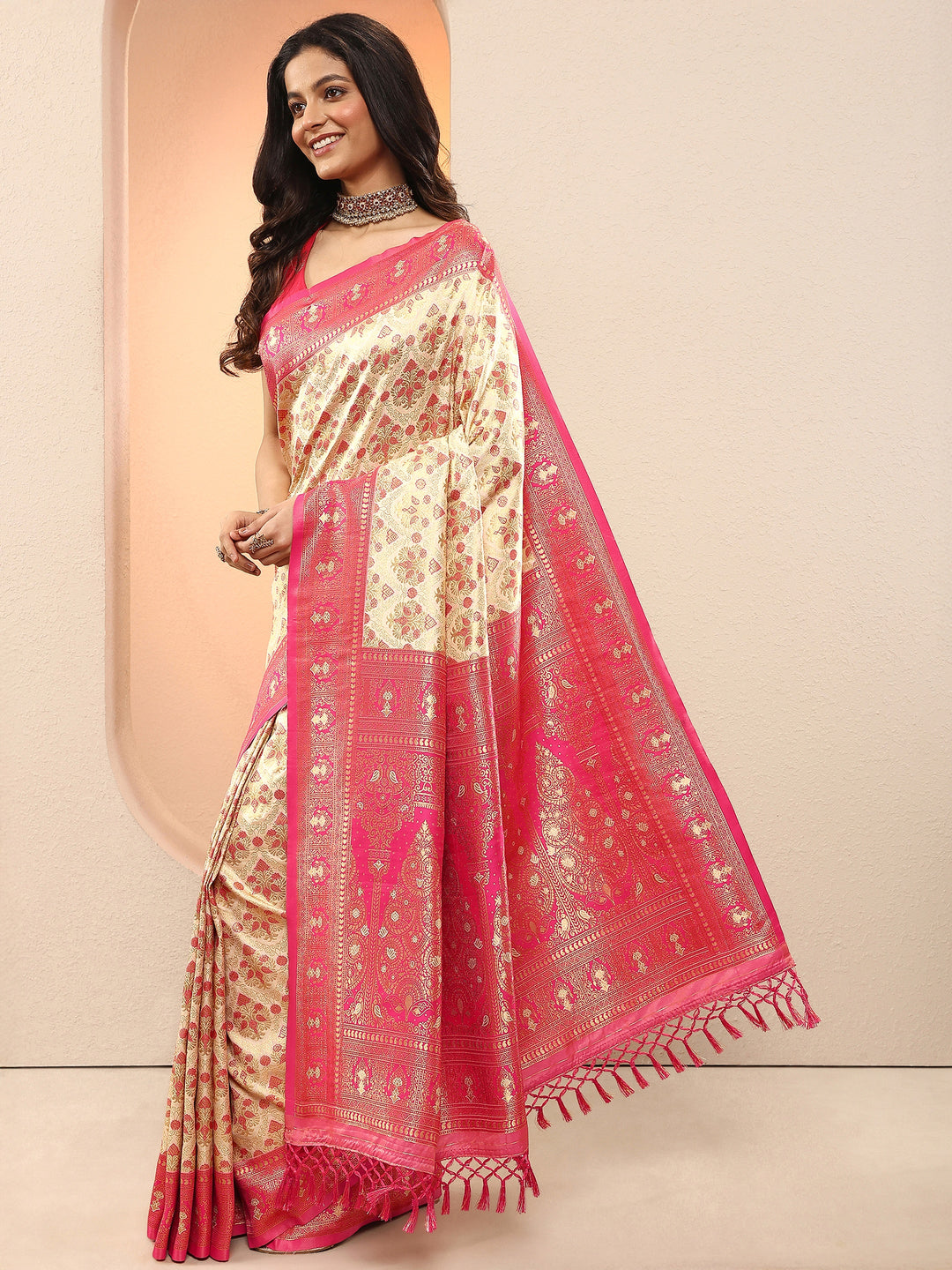  Cream Woven Design Silk Blend Saree With Unstitched Blouse Piece 