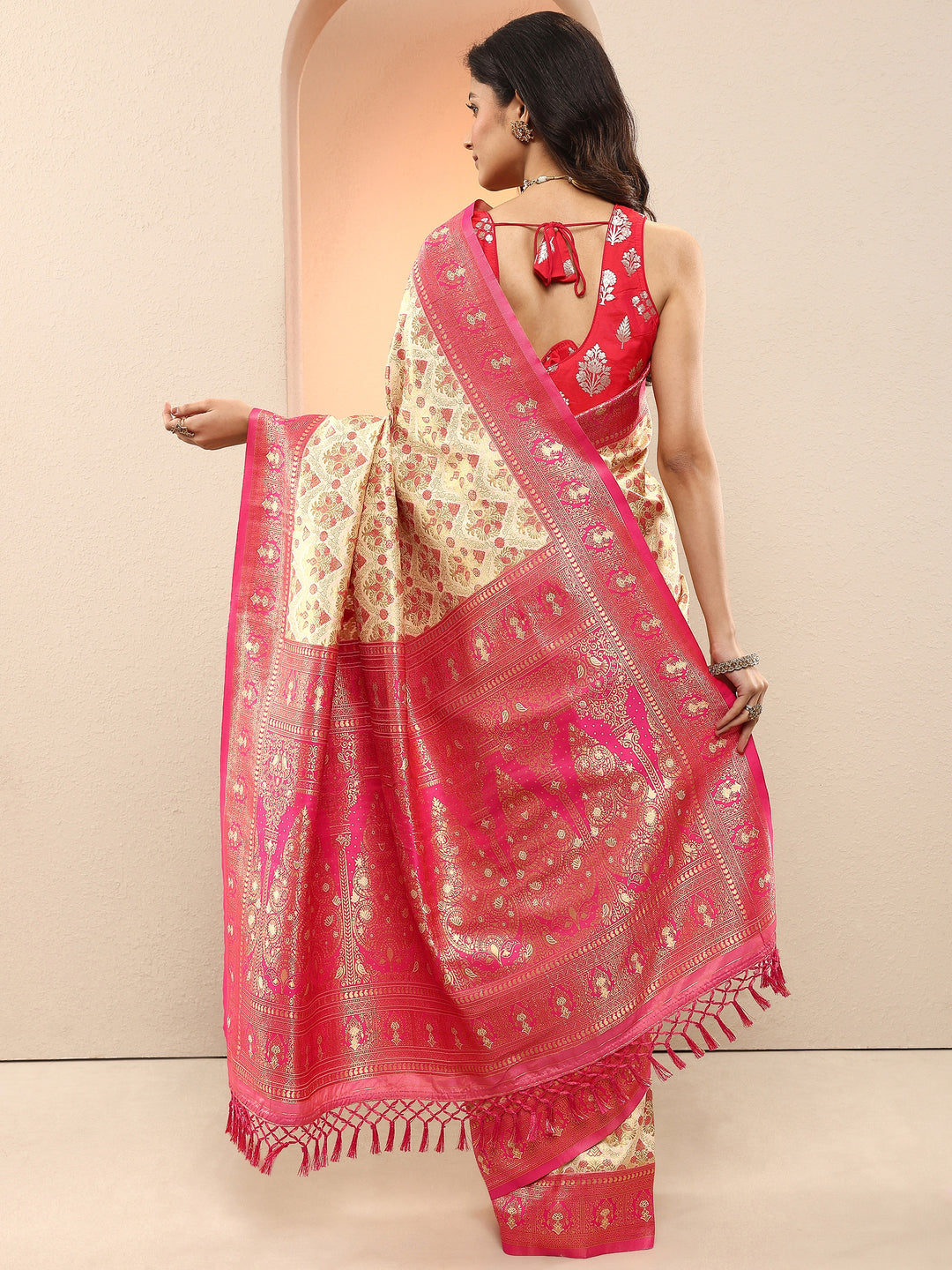  Cream Woven Design Silk Blend Saree With Unstitched Blouse Piece 