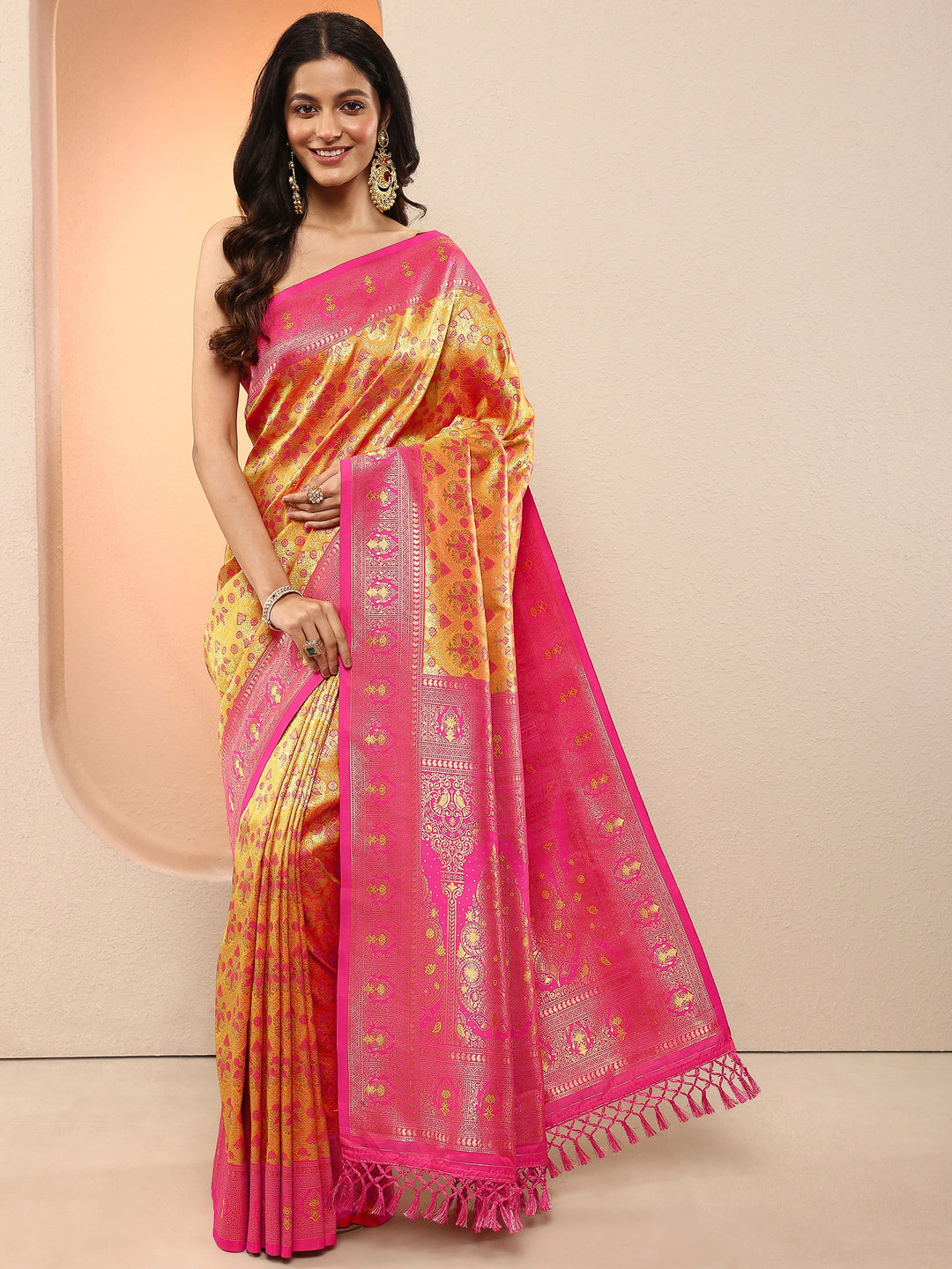  Mustard Woven Design Silk Blend Saree With Unstitched Blouse Piece 