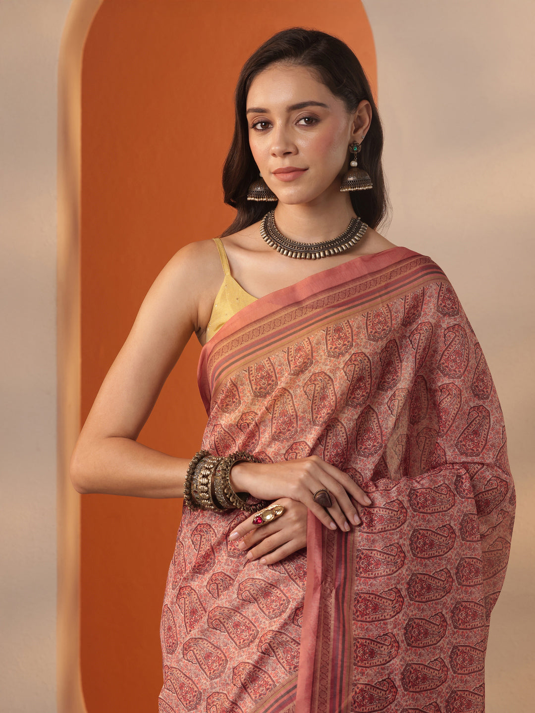  Brown Printed Silk Blend Saree With Unstitched Blouse Piece 