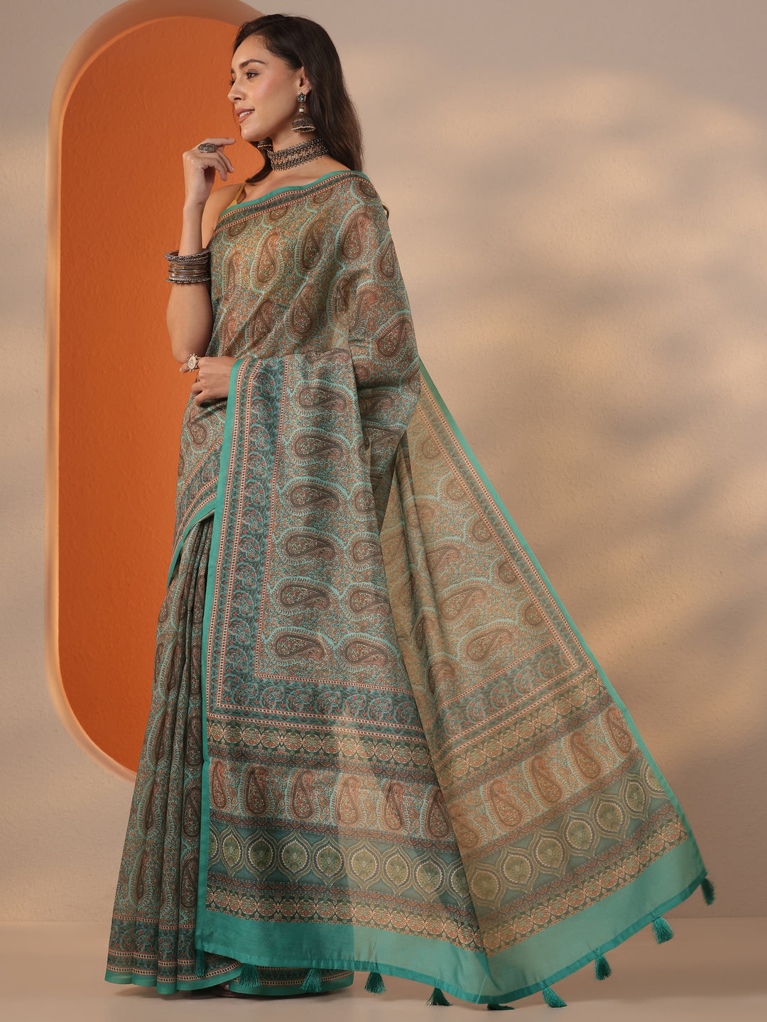  Blue Printed Silk Blend Saree With Unstitched Blouse Piece 