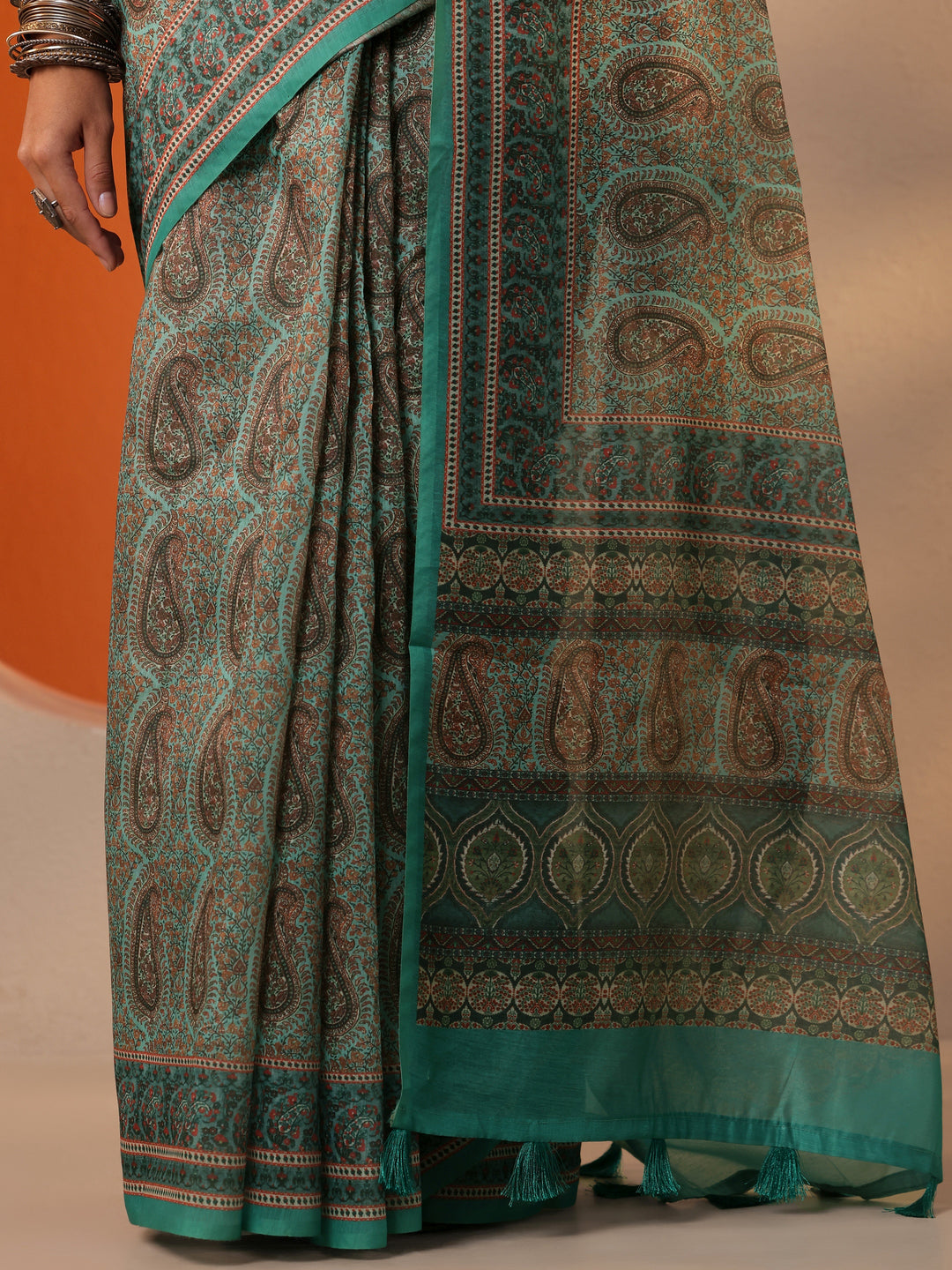  Blue Printed Silk Blend Saree With Unstitched Blouse Piece 