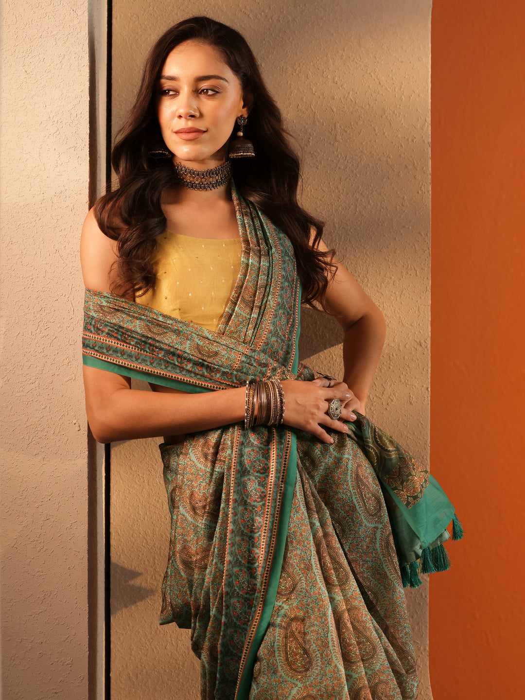  Blue Printed Silk Blend Saree With Unstitched Blouse Piece 