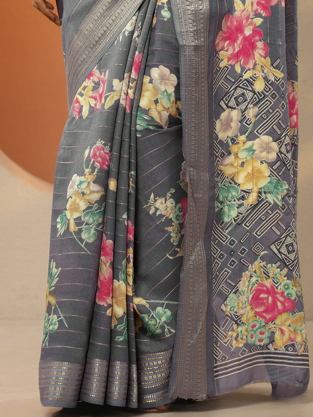  Grey Printed Silk Blend Saree With Unstitched Blouse Piece 