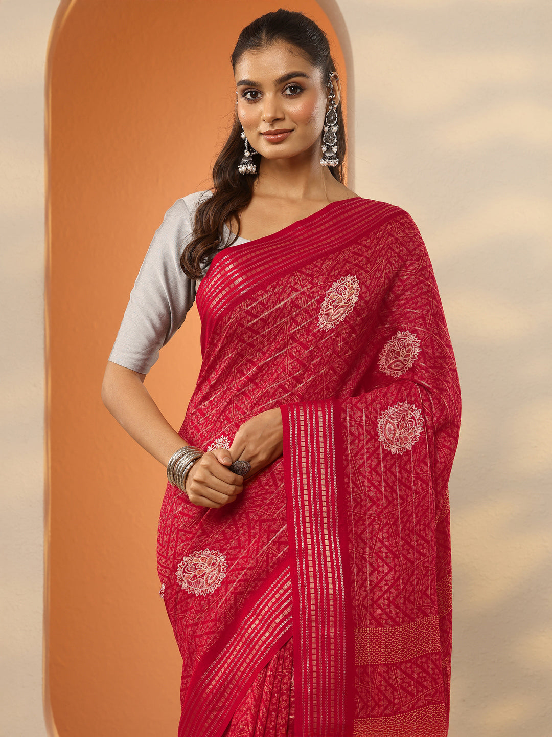 Red Printed Silk Blend Saree With Unstitched Blouse Piece 