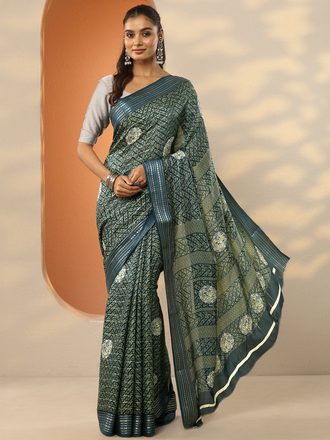  Blue Printed Silk Blend Saree With Unstitched Blouse Piece 