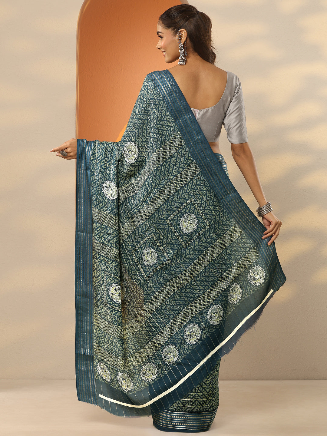  Blue Printed Silk Blend Saree With Unstitched Blouse Piece 