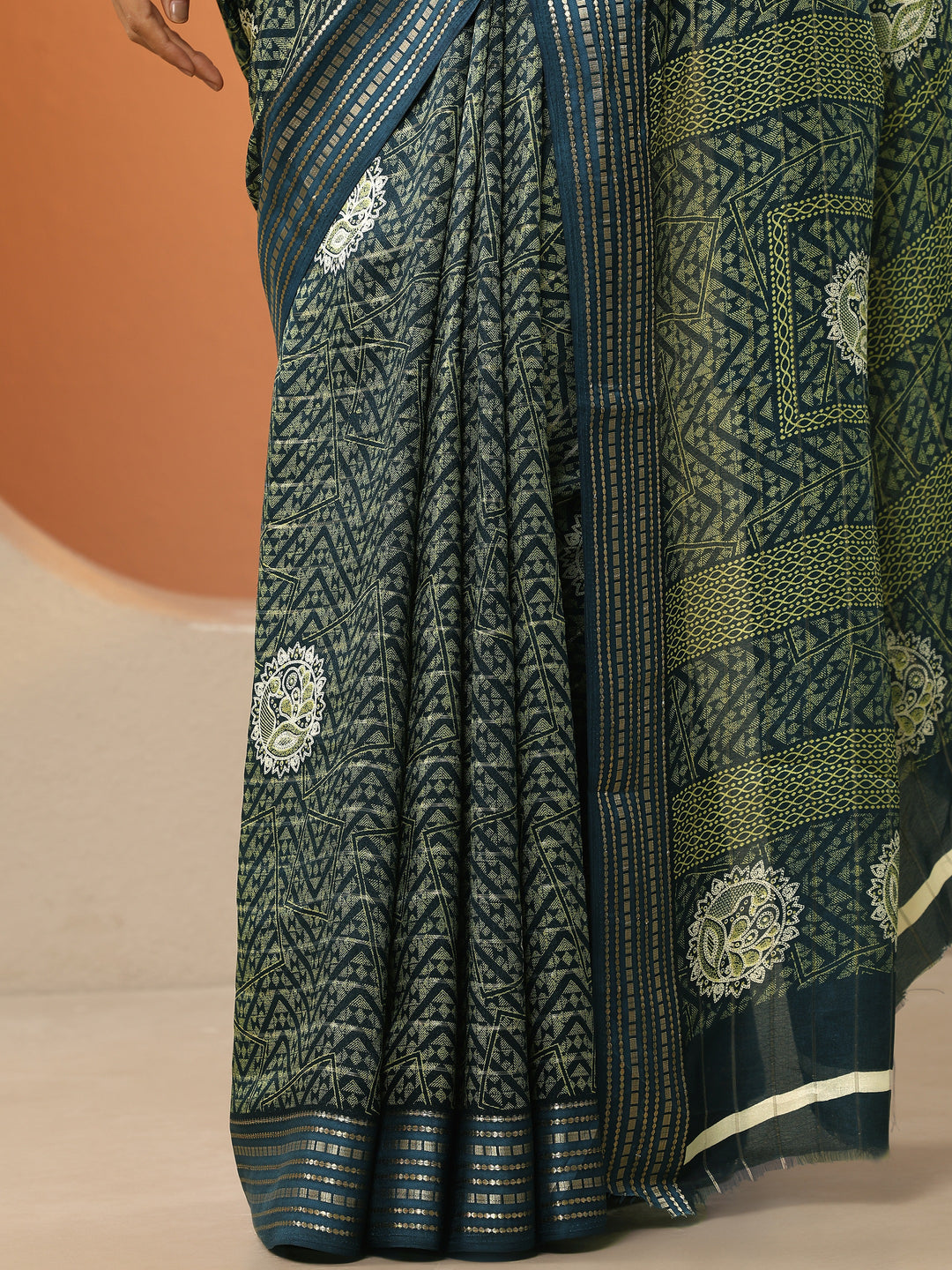  Blue Printed Silk Blend Saree With Unstitched Blouse Piece 